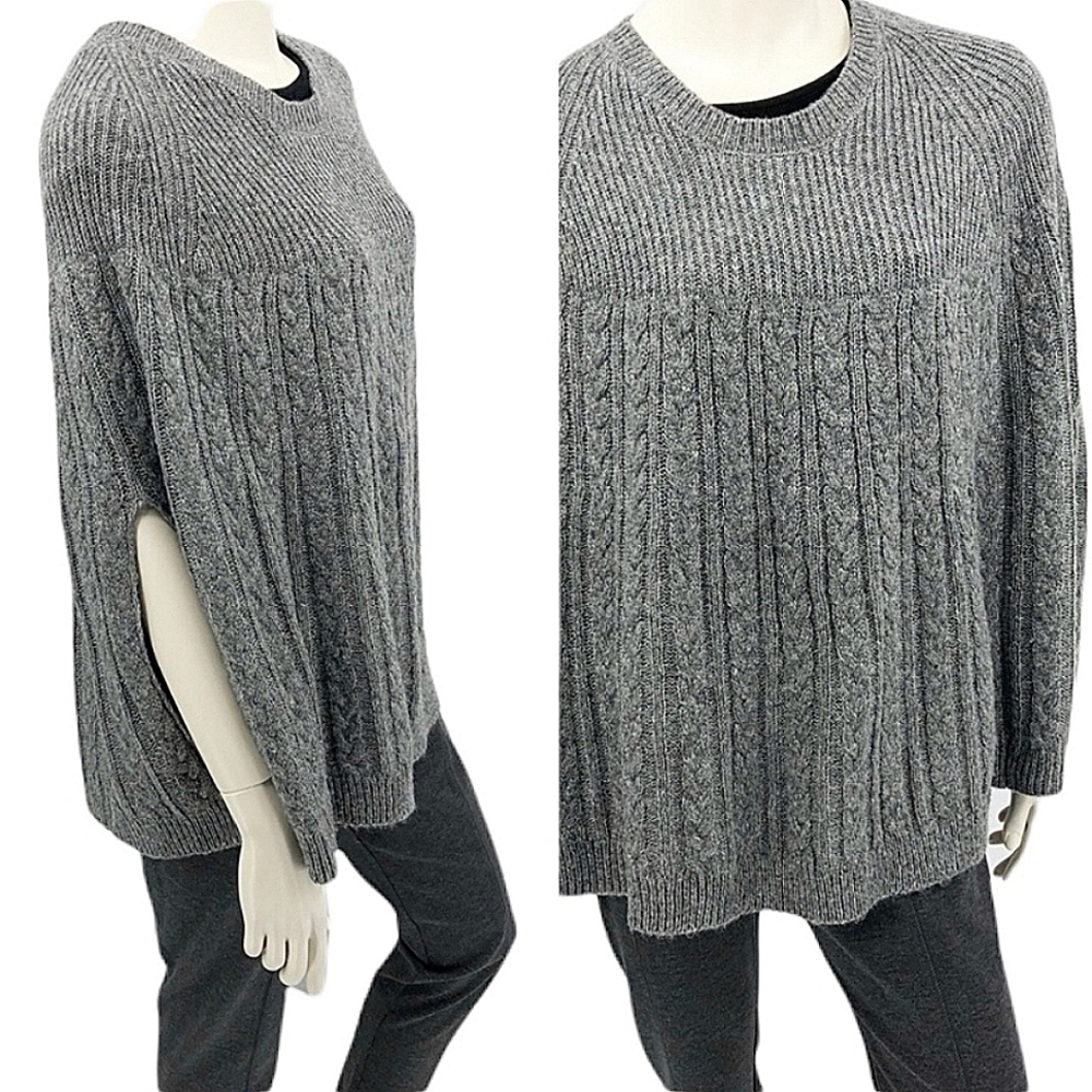 Women’s O/S Gray Cable Knit Sweater  Poncho Acrylic Modern Fit Pullover